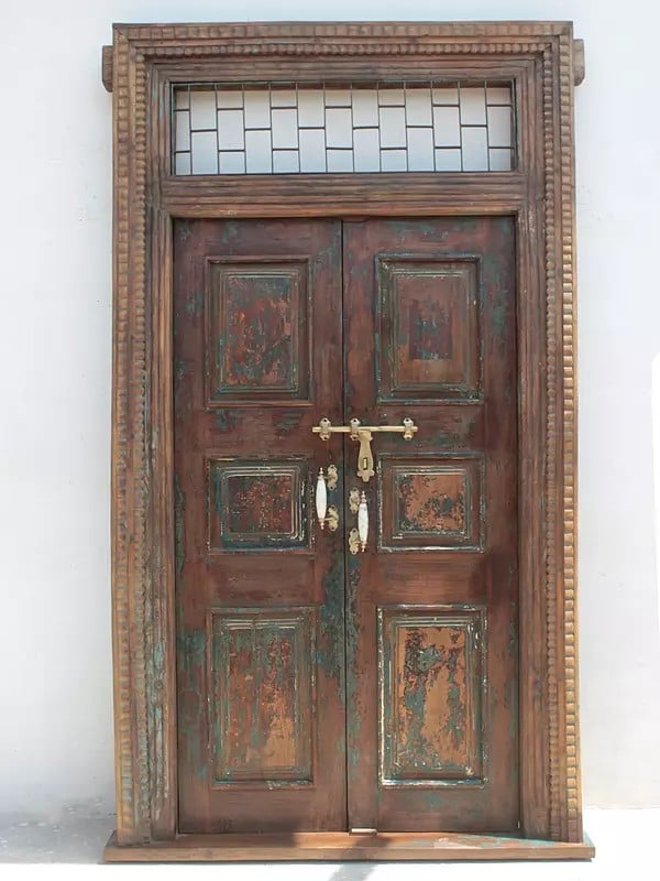 exotic india 96" Large Traditional Village Wood Door And Iron Net In Skylight 