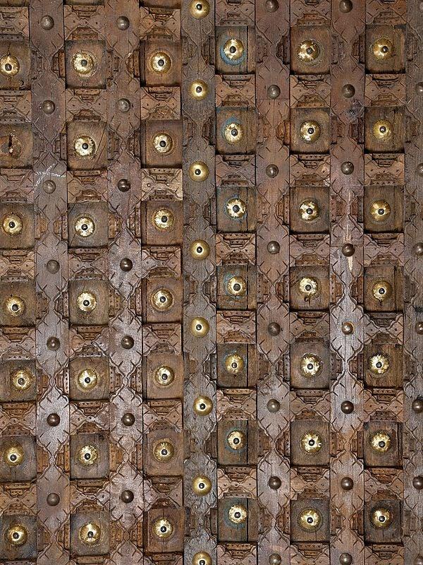 Exotic India 96" Large Vintage Door With Brass Work From Rajasthan | Home Temple Decor