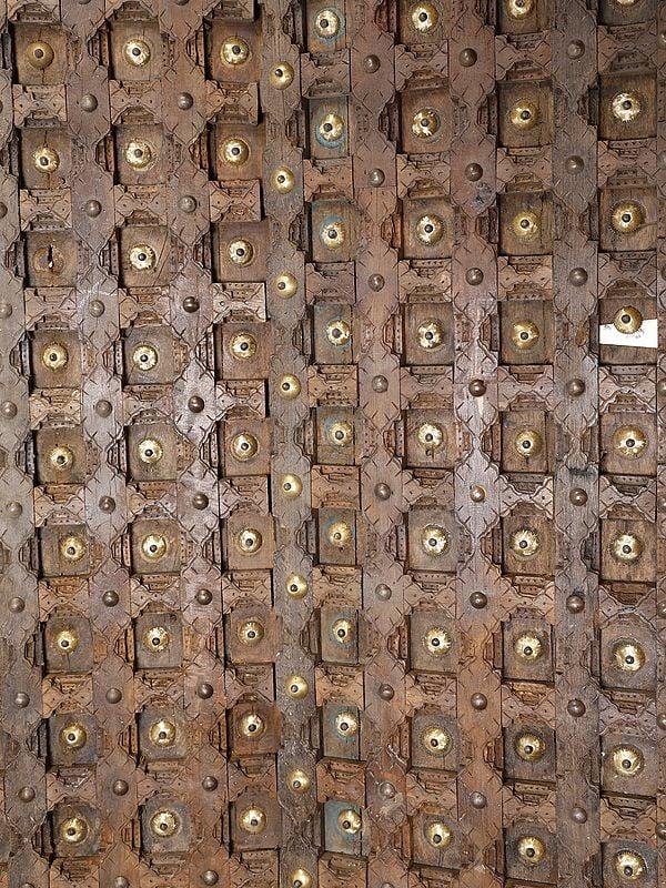 Exotic India 96" Large Vintage Door With Brass Work From Rajasthan | Home Temple Decor