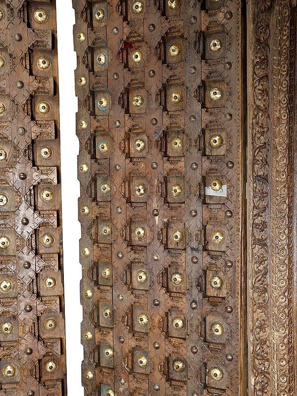 Exotic India 96" Large Vintage Door With Brass Work From Rajasthan | Home Temple Decor