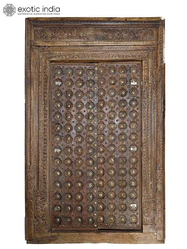 exotic india 96" Large Vintage Door with Brass Work from Rajasthan | Home Temple Decor 