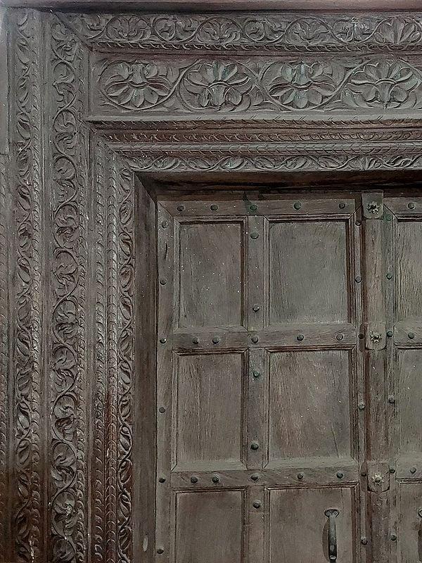 Exotic India 96" Large Wood Front Door With Frame | Wood Carving