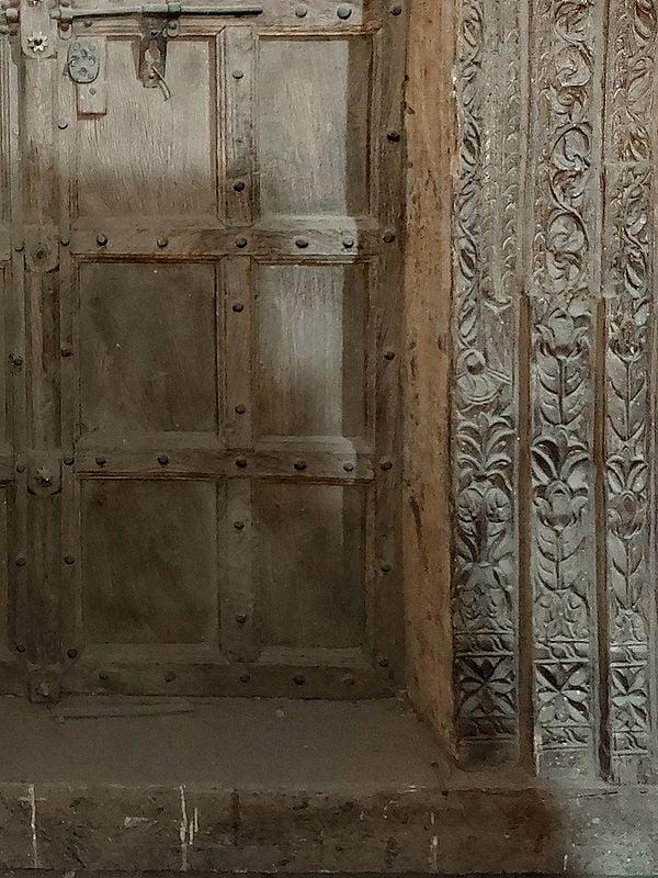 Exotic India 96" Large Wood Front Door With Frame | Wood Carving