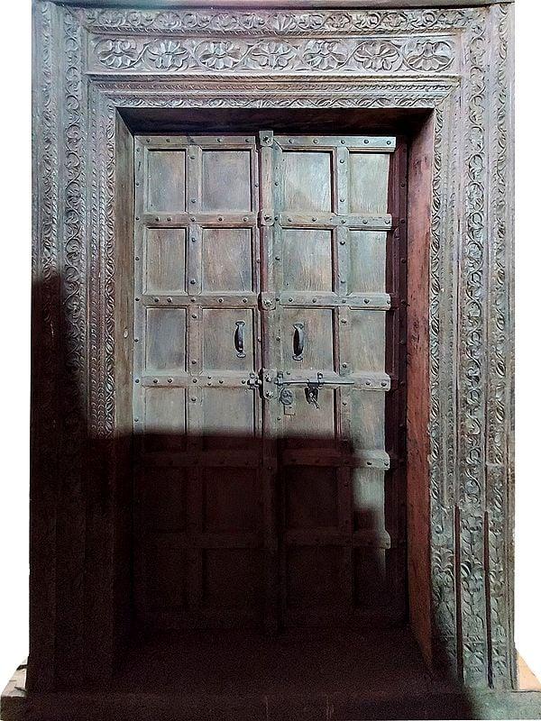 exotic india 96" Large Wood Front Door With Frame | Wood Carving