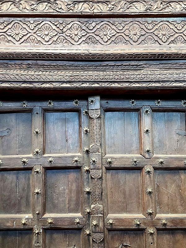 Exotic India 97" Large 100 Years Old Traditional Wood Door And Flower Design In Upper Side