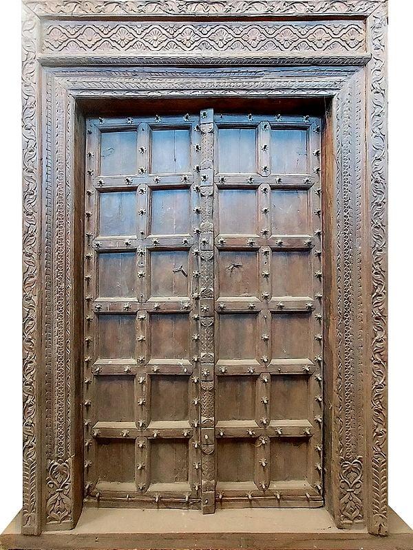 exotic india 97" Large 100 Years Old Traditional Wood Door And Flower Design In Upper Side 