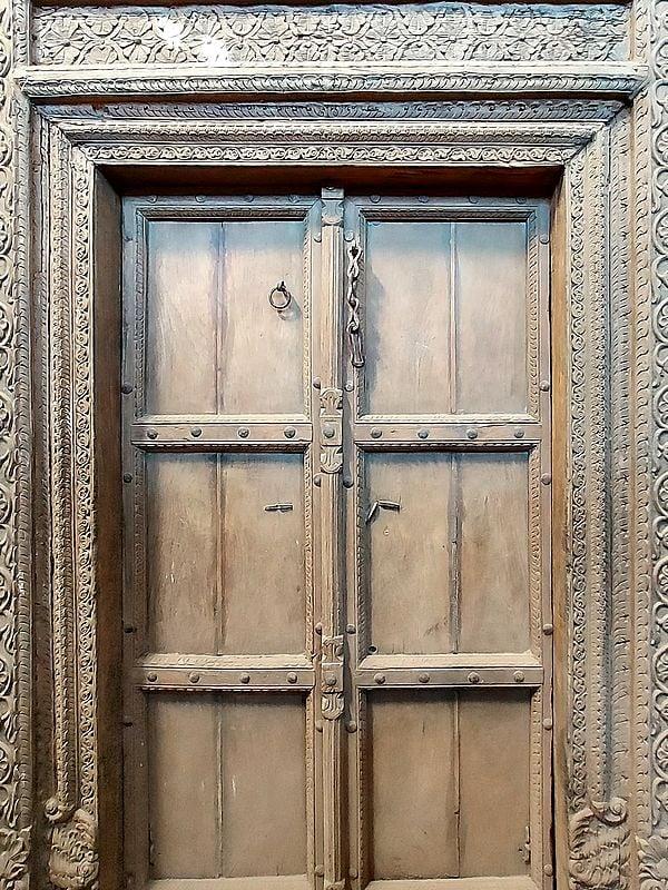 Exotic India 97" Large Carving In Wood Plain Door And Flower Design Border 
