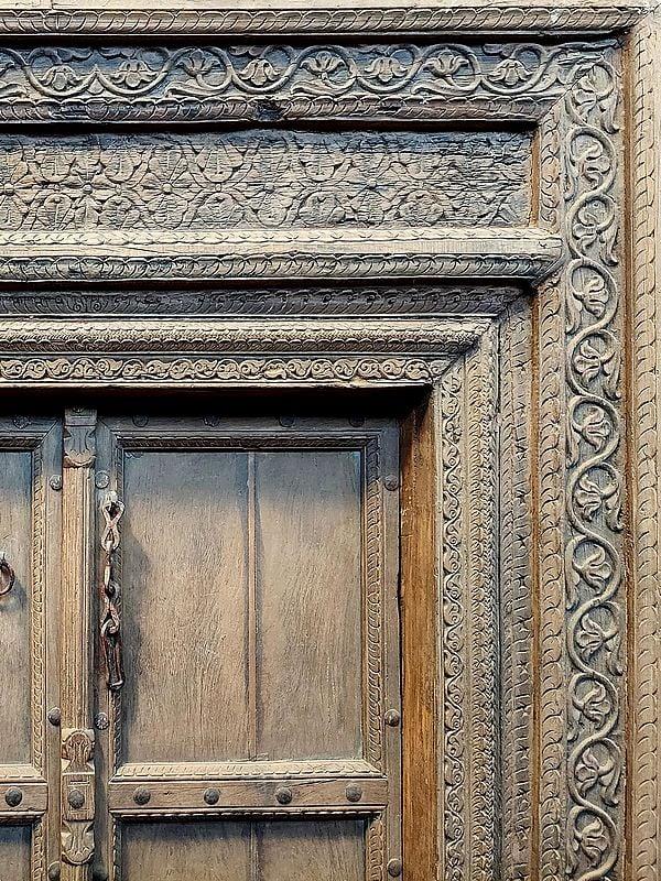 Exotic India 97" Large Carving In Wood Plain Door And Flower Design Border 