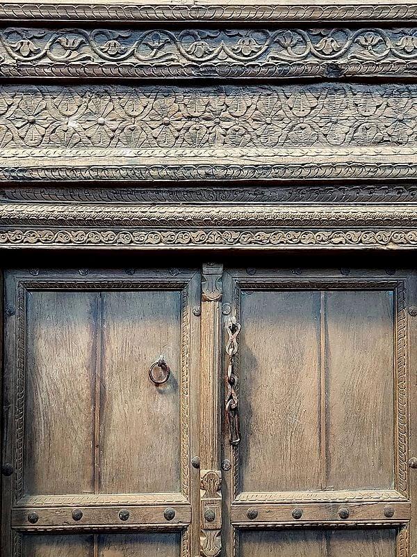 Exotic India 97" Large Carving In Wood Plain Door And Flower Design Border 