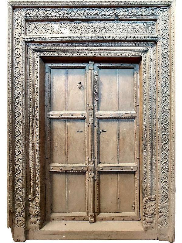 exotic india 97" Large Carving In Wood Plain Door And Flower Design Border 