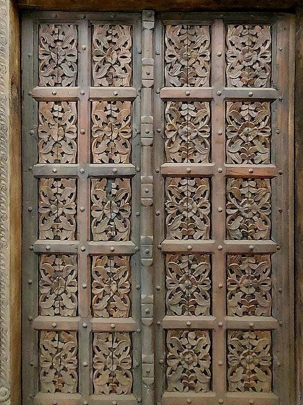 Exotic India 97" Large Floral Artwork Design Handmade Wood Indian Door 