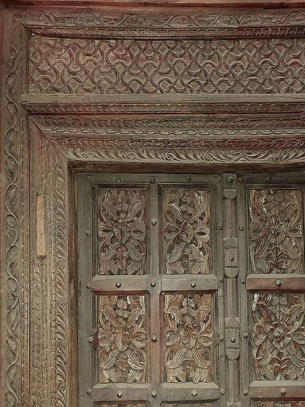 Exotic India 97" Large Floral Artwork Design Handmade Wood Indian Door 