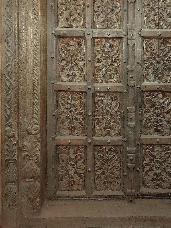 Exotic India 97" Large Floral Artwork Design Handmade Wood Indian Door 