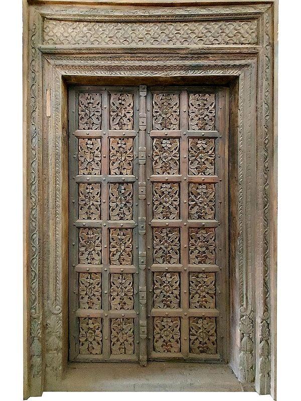exotic india 97" Large Floral Artwork Design Handmade Wood Indian Door 