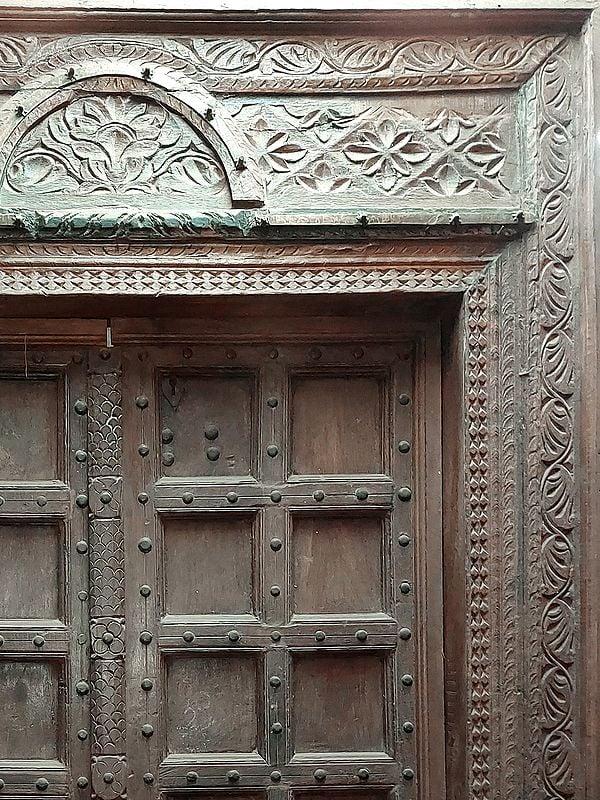 Exotic India 98" Large Indian Rajasthani Framed Door | With Floral Artwork 