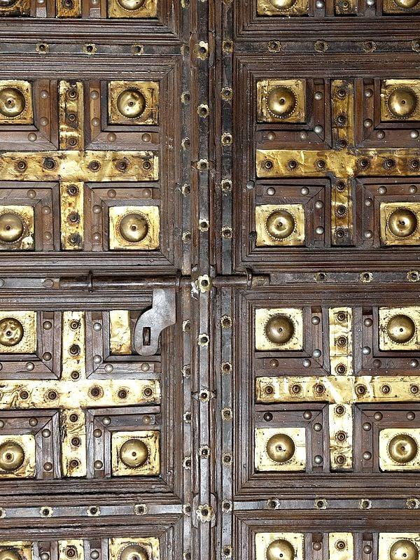 Exotic India 98" Large Rajasthani Vintage Door With Brass Work | Home Temple Decor 