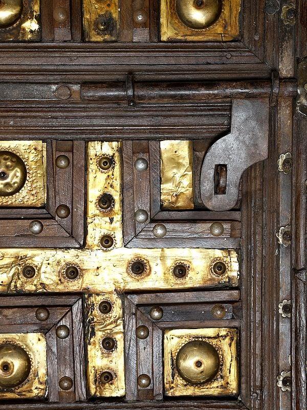 Exotic India 98" Large Rajasthani Vintage Door With Brass Work | Home Temple Decor 