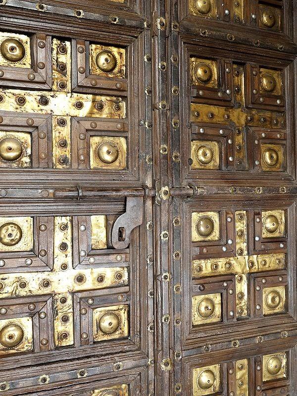 Exotic India 98" Large Rajasthani Vintage Door With Brass Work | Home Temple Decor 