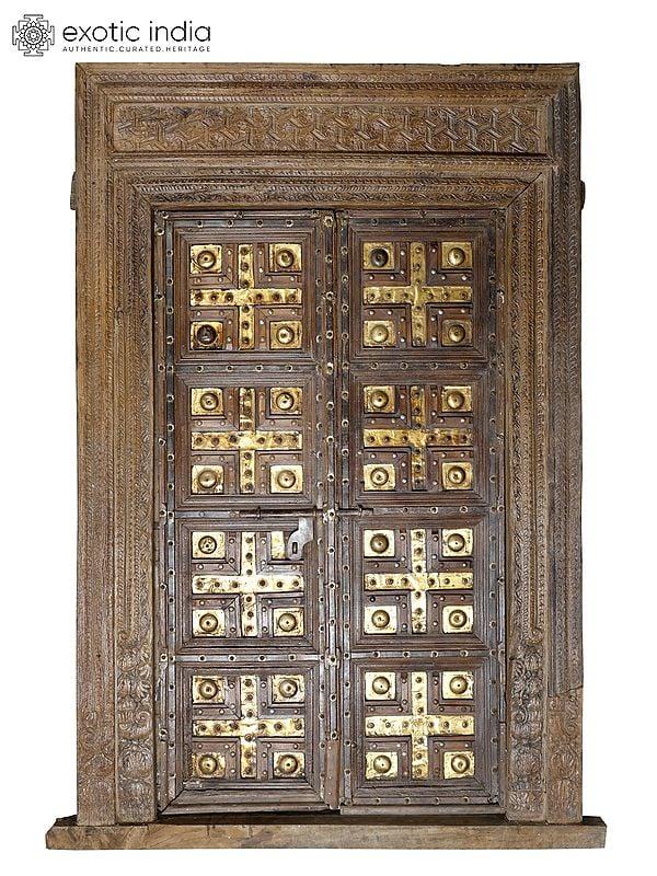 exotic india 98" Large Rajasthani Vintage Door with Brass Work | Home Temple Decor 