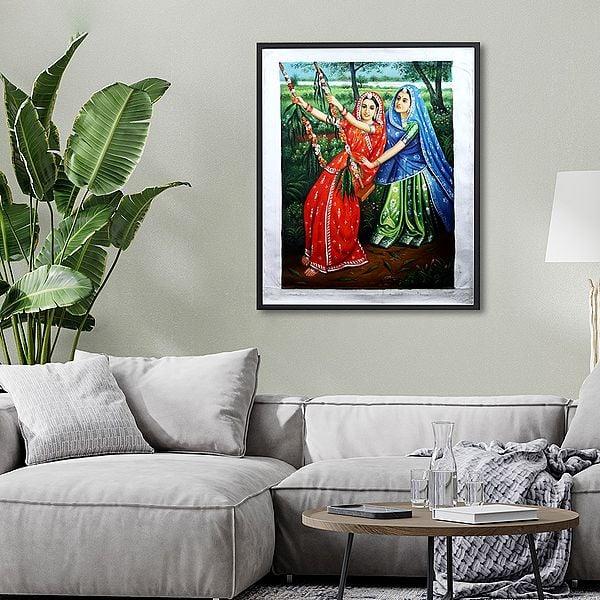 Exotic India A Lady Enjoying Her Swing (Handmade Painting) 
