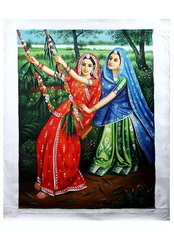 exotic india A Lady Enjoying Her Swing (Handmade Painting) 