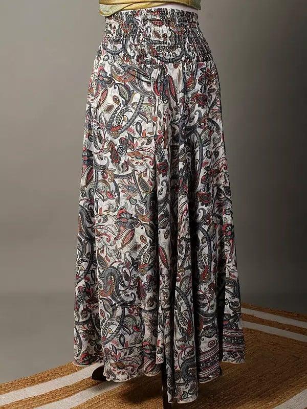 Exotic India A-Line Printed White Skirt With Elastic Belt