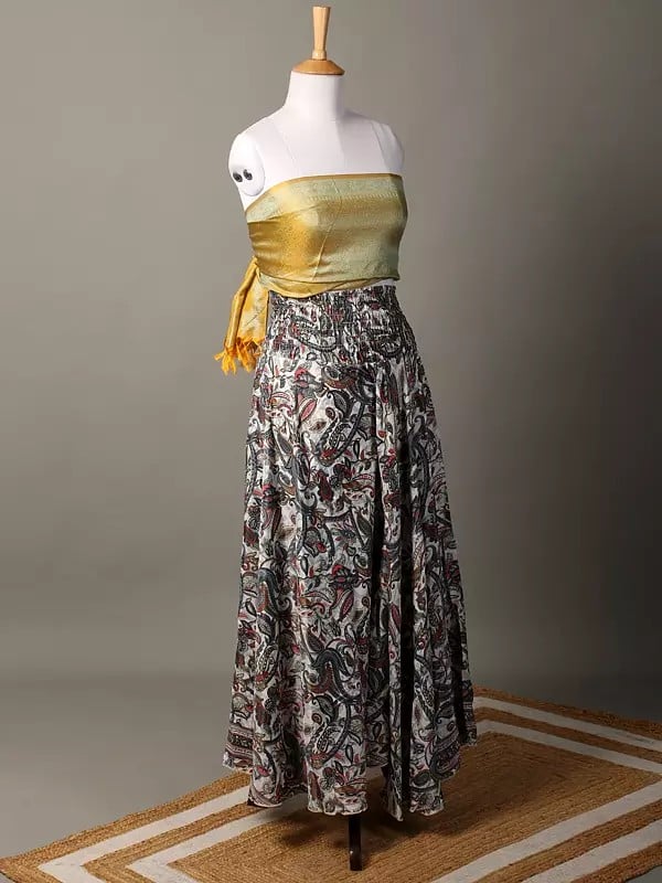 Exotic India A-Line Printed White Skirt With Elastic Belt