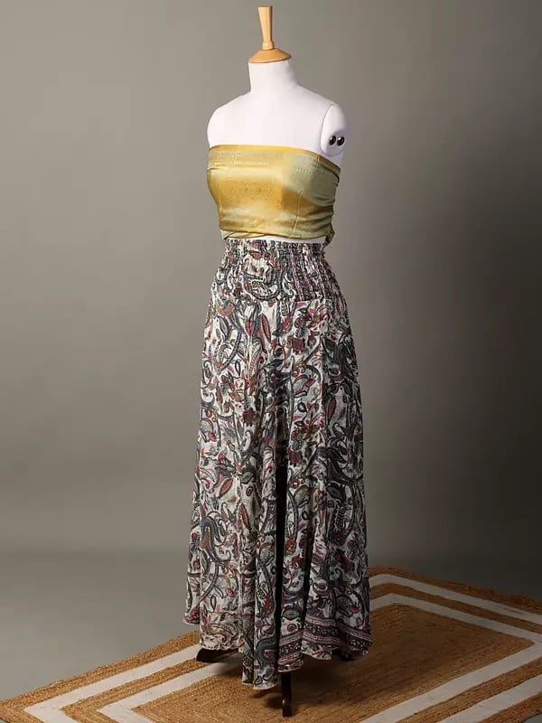 Exotic India A-Line Printed White Skirt With Elastic Belt