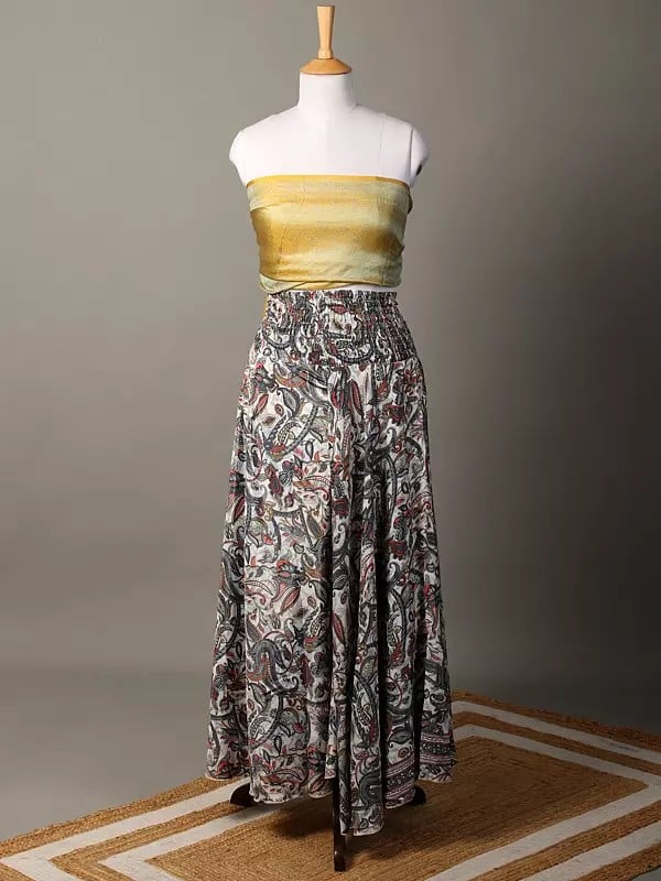 exotic india A-Line Printed White Skirt with Elastic Belt 