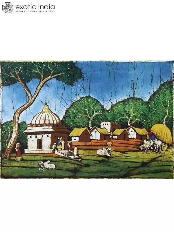 exotic india A Typical Indian Village Scene | Batik Painting