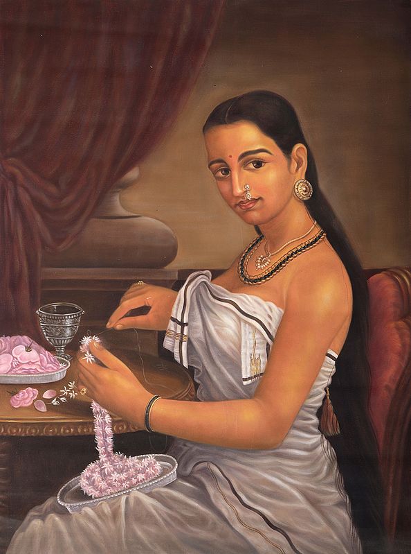 exotic india A Young Woman Making Garland of Flowers