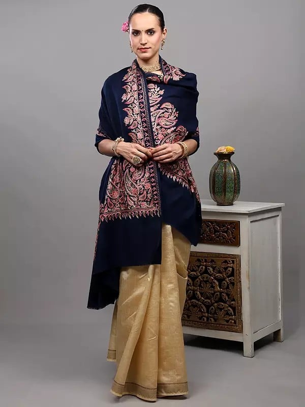 Exotic India Aari Embroidered Wool Shawl From Amritsar With Paisleys Border 