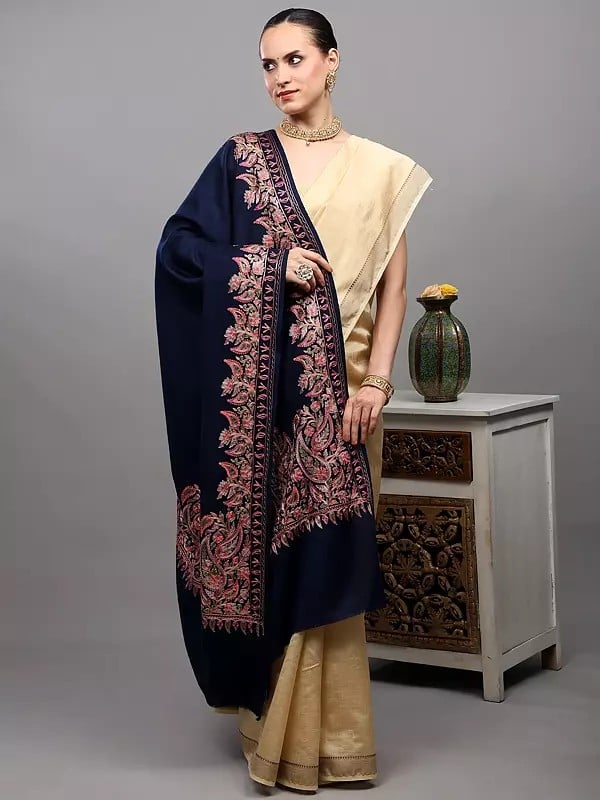 Exotic India Aari Embroidered Wool Shawl From Amritsar With Paisleys Border 