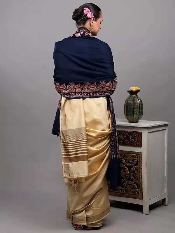 Exotic India Aari Embroidered Wool Shawl From Amritsar With Paisleys Border 