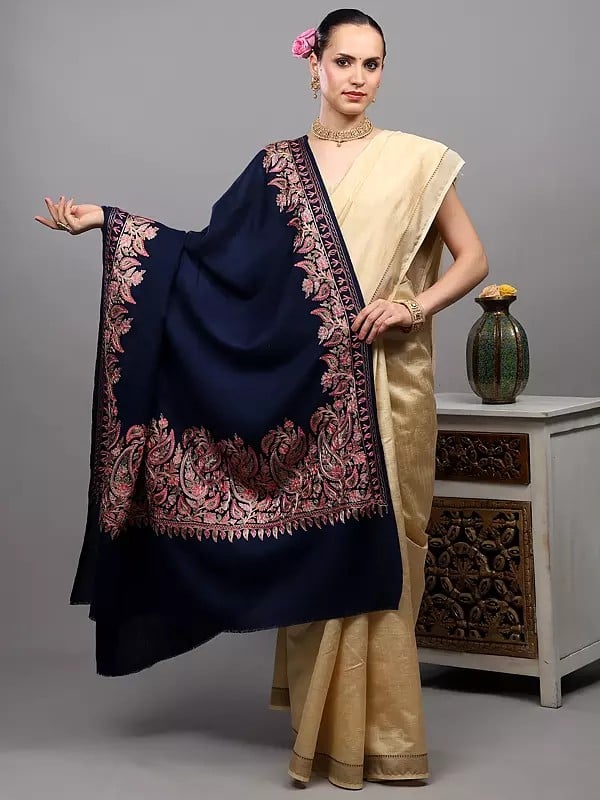 exotic india Aari Embroidered Wool Shawl from Amritsar with Paisleys Border 