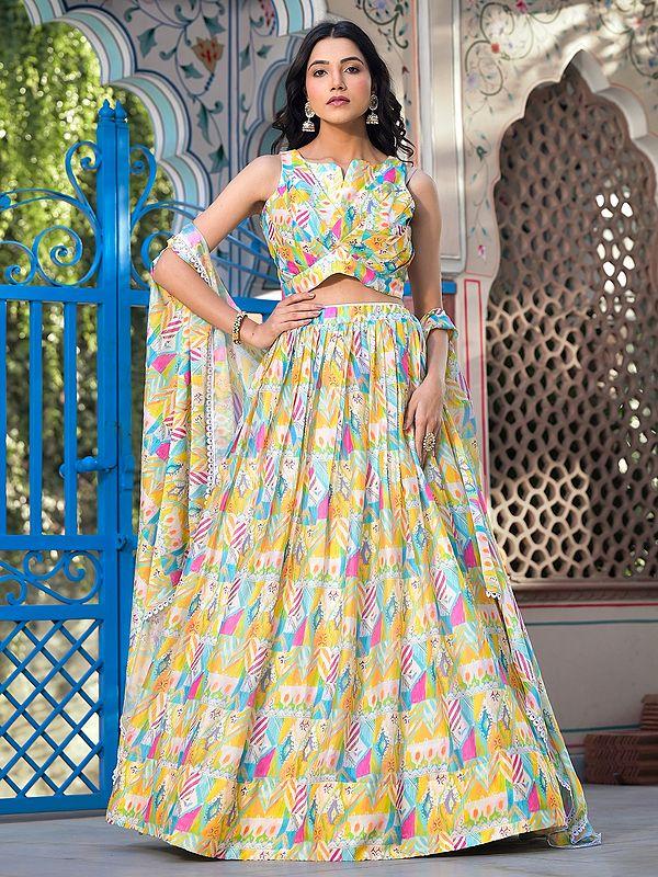 Exotic India Abstract Digital Print Attractive Georgette Party Wear Lehenga Choli With Matching Shrug 