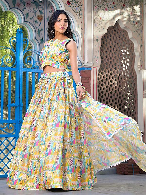 Exotic India Abstract Digital Print Attractive Georgette Party Wear Lehenga Choli With Matching Shrug 