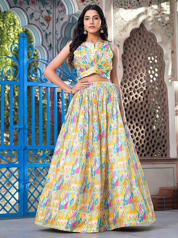 Exotic India Abstract Digital Print Attractive Georgette Party Wear Lehenga Choli With Matching Shrug 