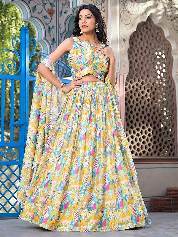 exotic india Abstract Digital Print Attractive Georgette Party Wear Lehenga Choli With Matching Shrug 