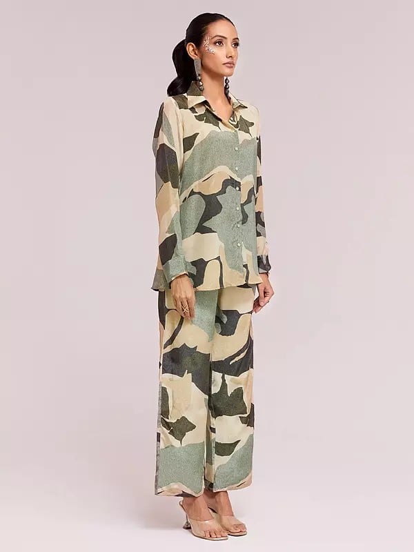 Exotic India Abstract Printed Designer Crepe Shirt With Trouser Co-Ords Set For Party Occasion 