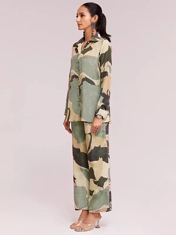 Exotic India Abstract Printed Designer Crepe Shirt With Trouser Co-Ords Set For Party Occasion 