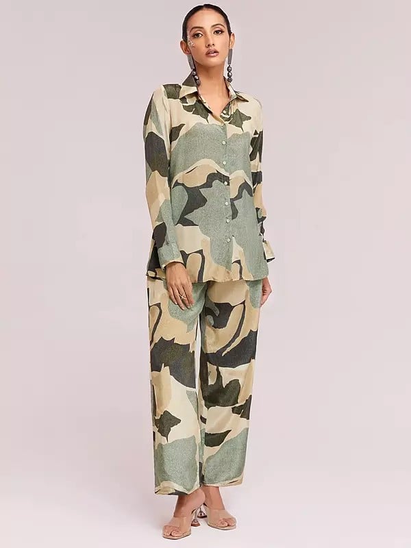 Exotic India Abstract Printed Designer Crepe Shirt With Trouser Co-Ords Set For Party Occasion 