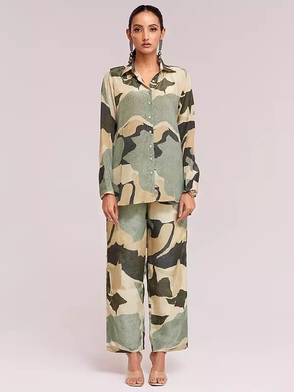 exotic india Abstract Printed Designer Crepe Shirt With Trouser Co-Ords Set For Party Occasion 