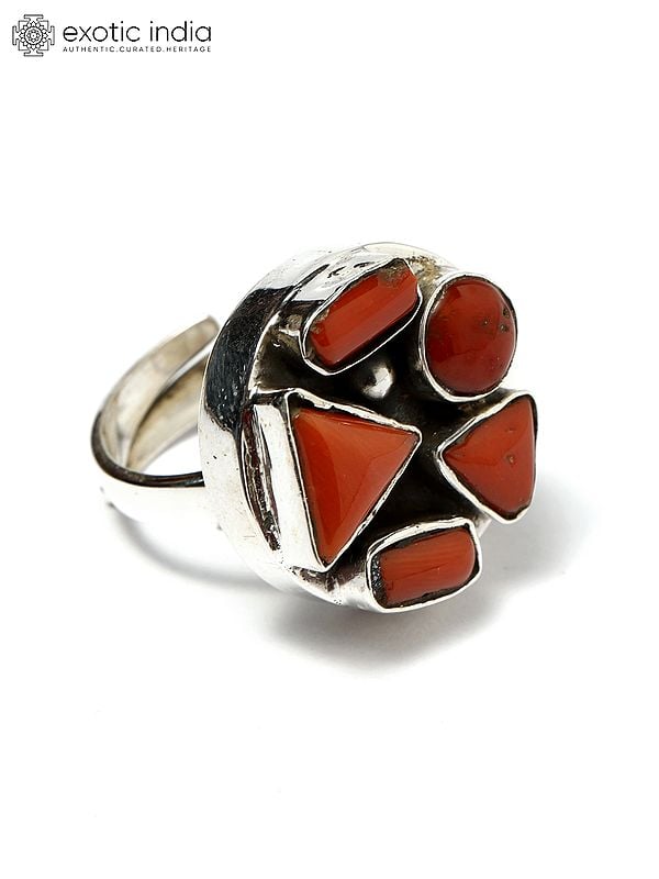 Exotic India Adjustable Circular Sterling Silver Ring With Coral 