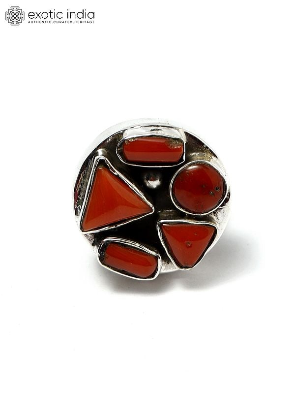 exotic india Adjustable Circular Sterling Silver Ring with Coral 