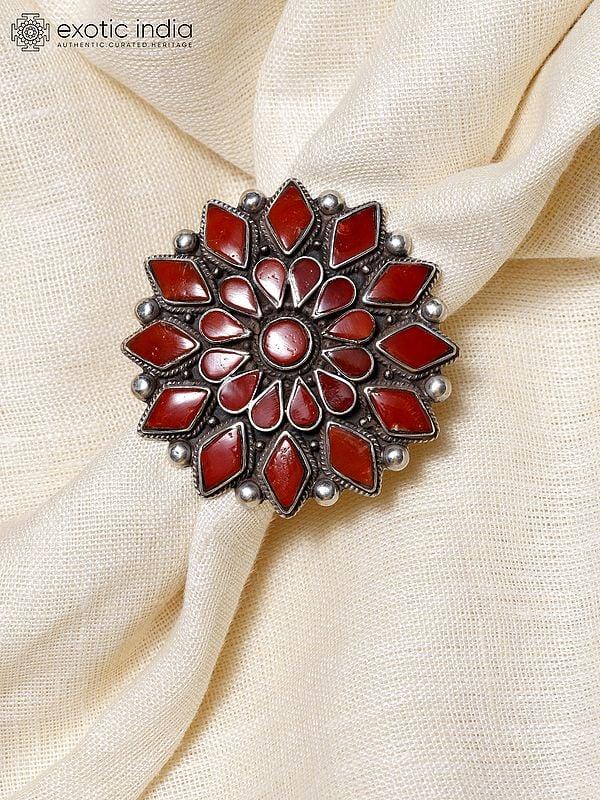 Exotic India Adjustable Floral Design Coral Big Size Ring 