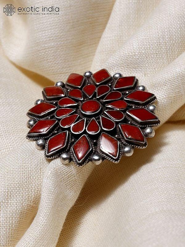 Exotic India Adjustable Floral Design Coral Big Size Ring 