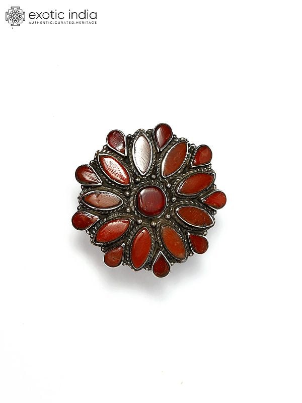 Exotic India Adjustable Floral Design Ring With Coral 