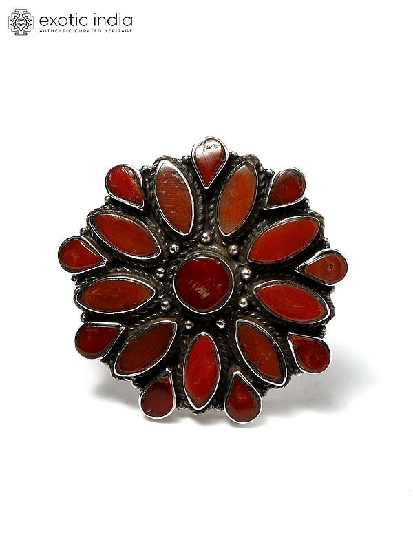 exotic india Adjustable Floral Design Ring with Coral 