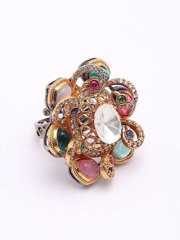 Exotic India Adjustable Floral Design Ring With Multicolor Stone 
